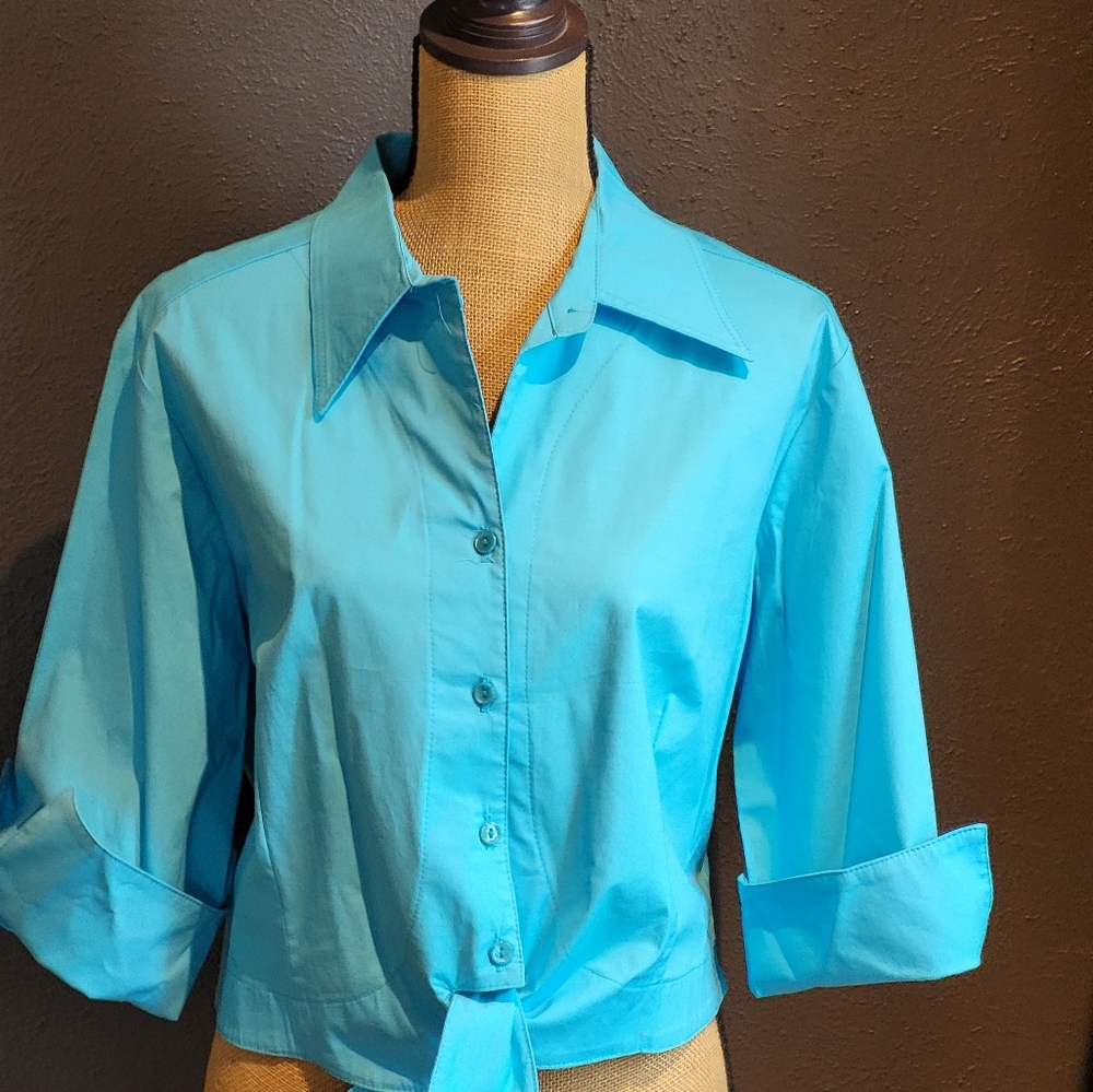 Cactus Flower Large Blue Cotton Tie Waist Top - Picture 6 of 8